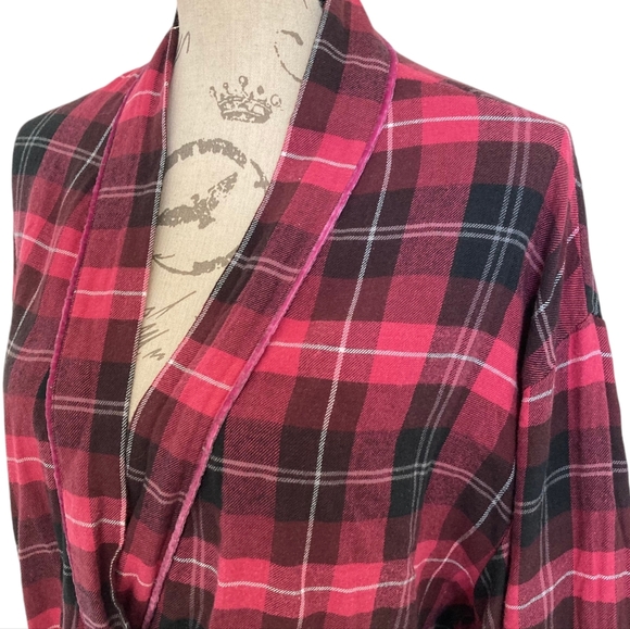 SOLD Eileen West plaid tartan black Pink Christmas long Robe cotton Classic L - Picture 9 of 17
